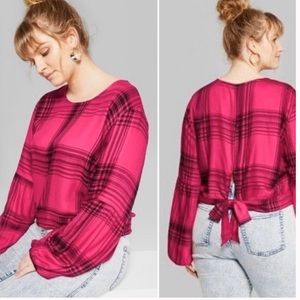 Wild Fable Hot Pink Plaid Long Sleeve Crop Shirt